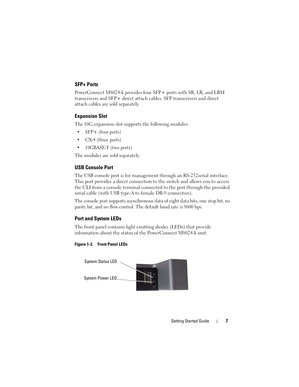 Sfp+ ports, Expansion slot, Usb console port | Port and system leds | Dell POWEREDGE M1000E User Manual | Page 9 / 222