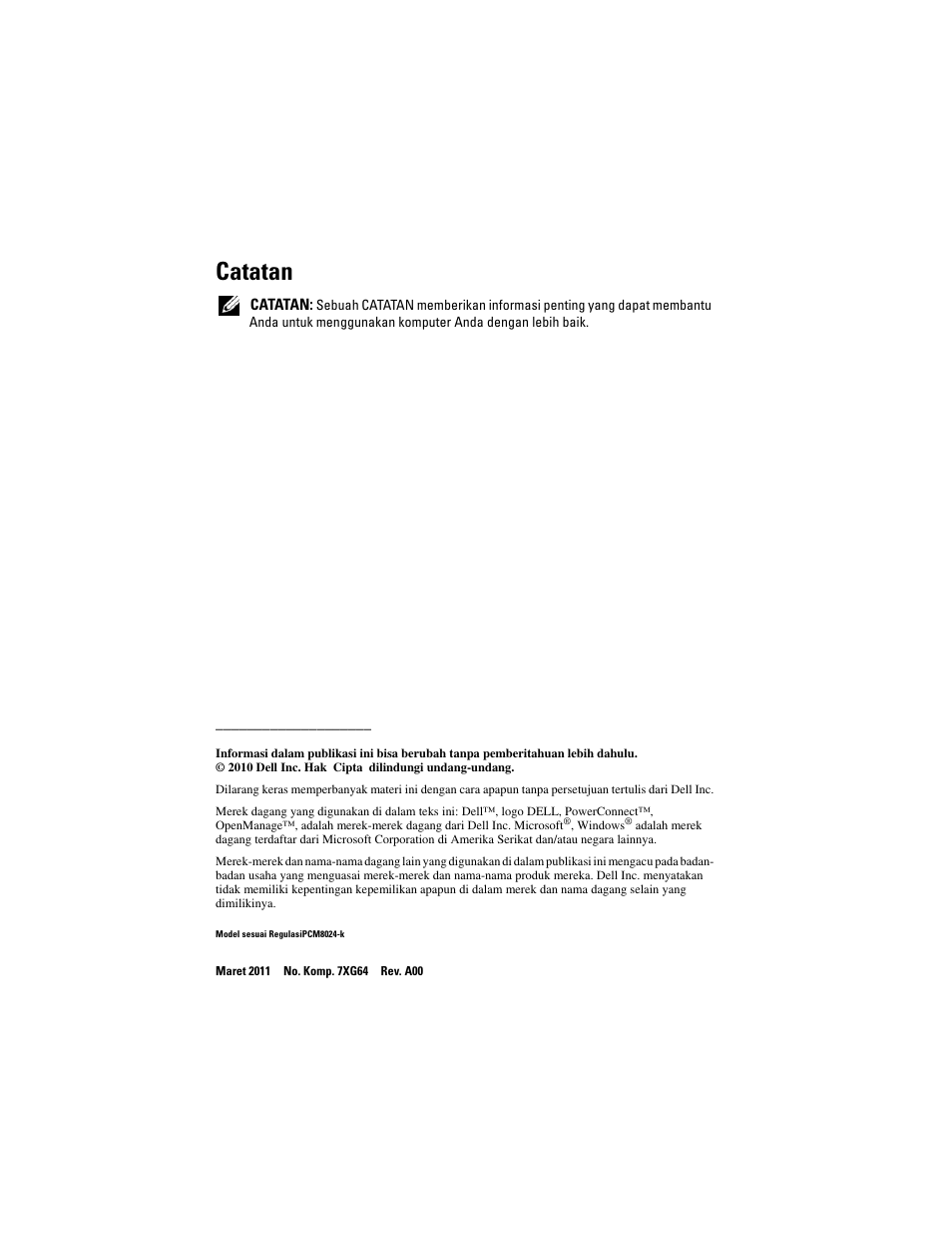 Catatan | Dell POWEREDGE M1000E User Manual | Page 94 / 222