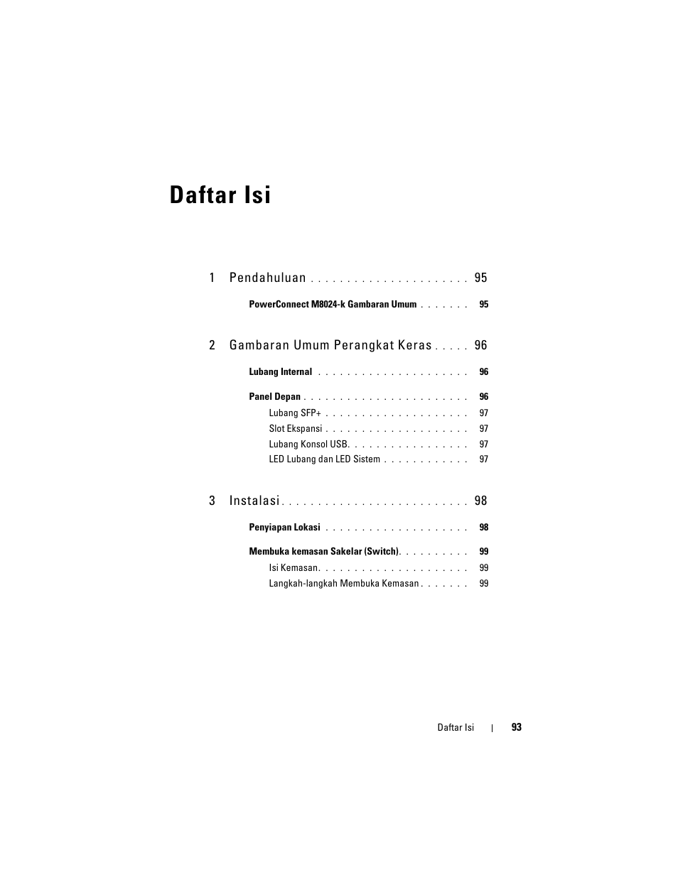Daftar isi, 1pendahuluan, 2gambaran umum perangkat keras | 3instalasi | Dell POWEREDGE M1000E User Manual | Page 95 / 222