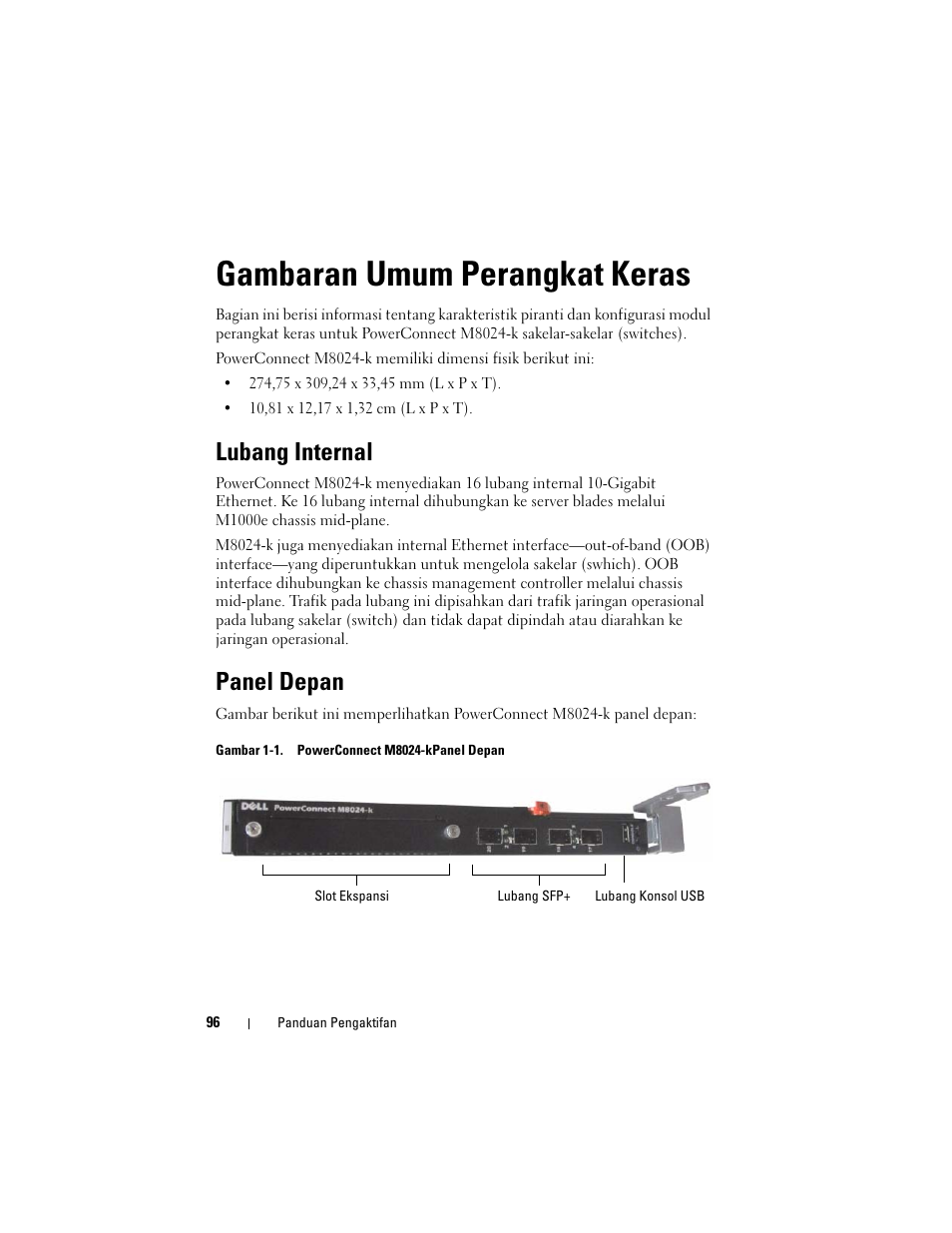 Gambaran umum perangkat keras, Lubang internal, Panel depan | Dell POWEREDGE M1000E User Manual | Page 98 / 222
