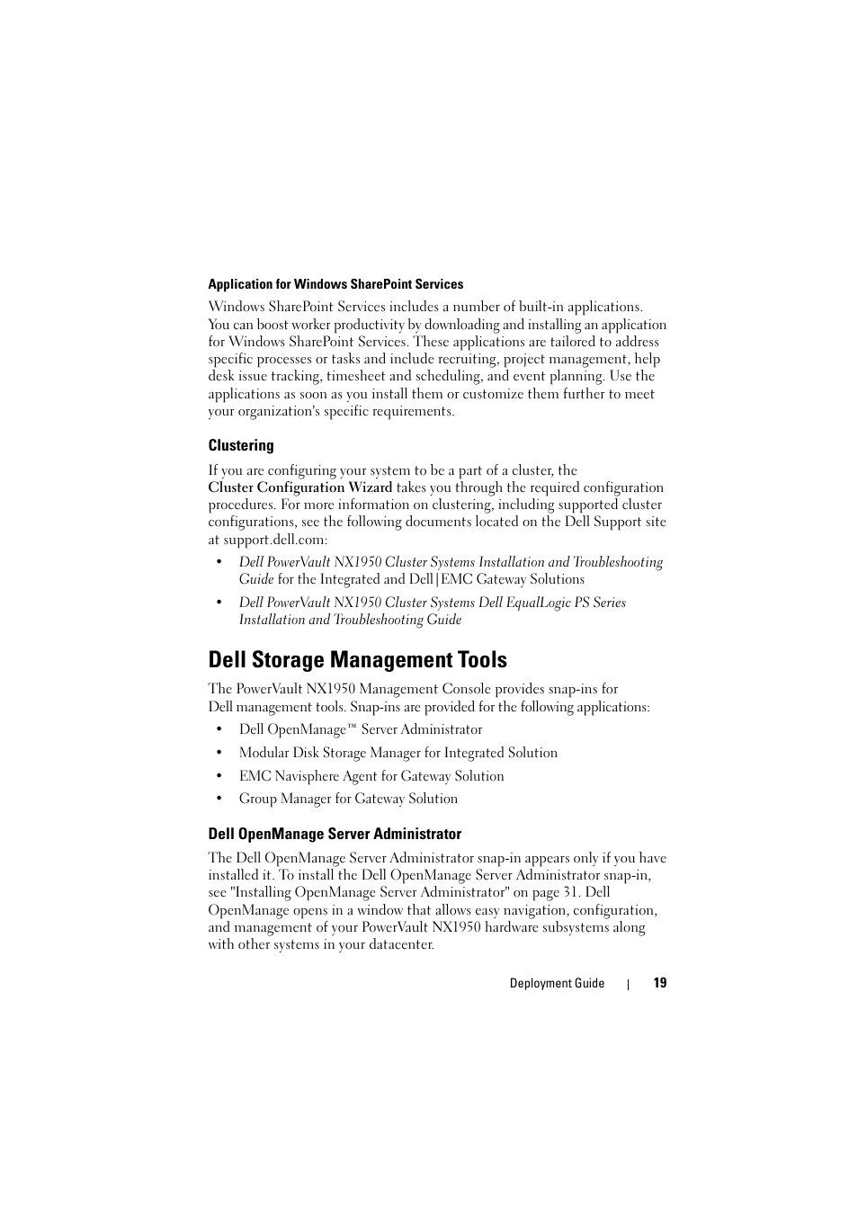 Clustering, Dell storage management tools, Dell openmanage server administrator | Dell PowerVault NX1950 User Manual | Page 19 / 38