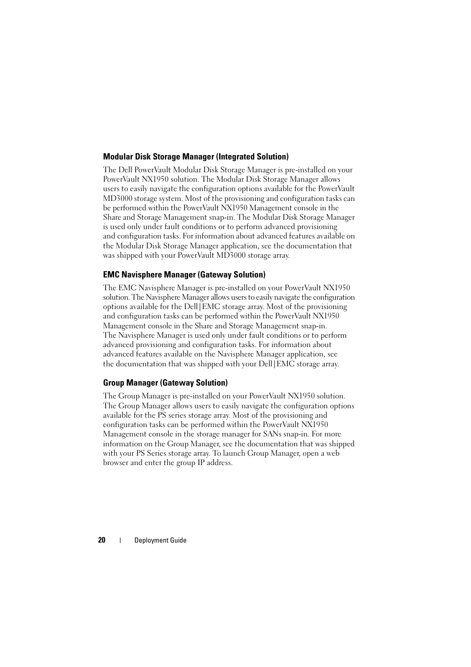 Modular disk storage manager (integrated solution), Emc navisphere manager (gateway solution), Group manager (gateway solution) | Modular disk storage manager, Integrated solution), Emc navisphere manager, Gateway solution) | Dell PowerVault NX1950 User Manual | Page 20 / 38