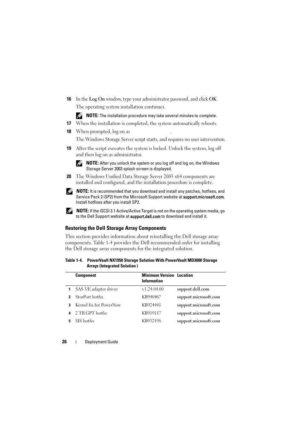 Restoring the dell storage array components, Restoring the dell storage, Array components | Dell PowerVault NX1950 User Manual | Page 26 / 38