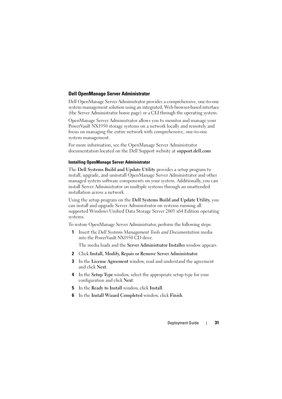 Dell openmanage server administrator | Dell PowerVault NX1950 User Manual | Page 31 / 38