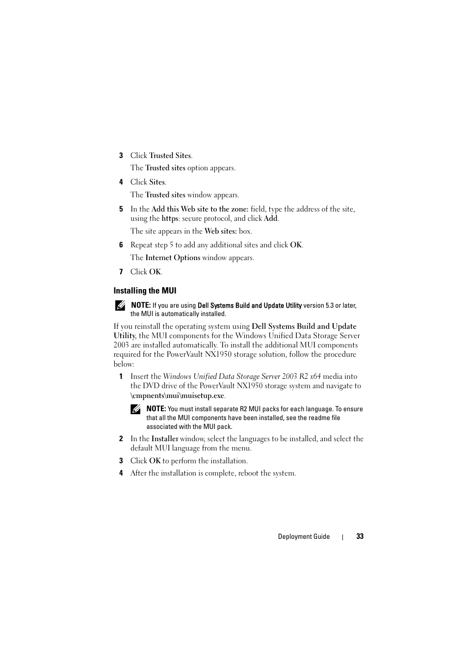 Installing the mui | Dell PowerVault NX1950 User Manual | Page 33 / 38