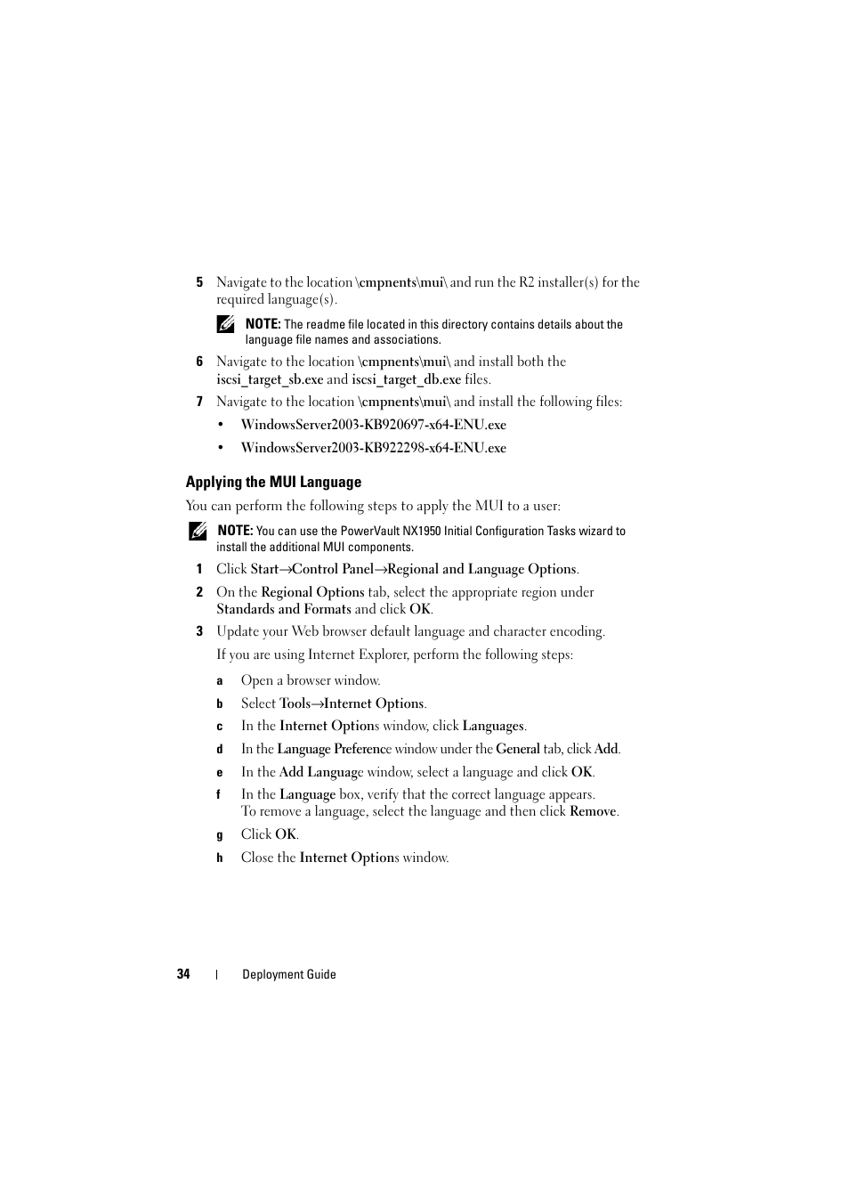 Applying the mui language | Dell PowerVault NX1950 User Manual | Page 34 / 38