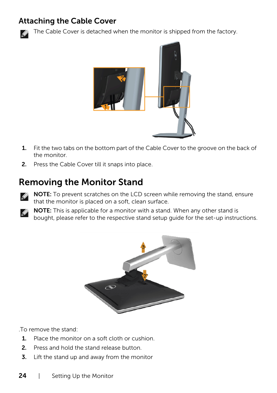 Removing the monitor stand, Attaching the cable cover | Dell P2414H Monitor User Manual | Page 24 / 54