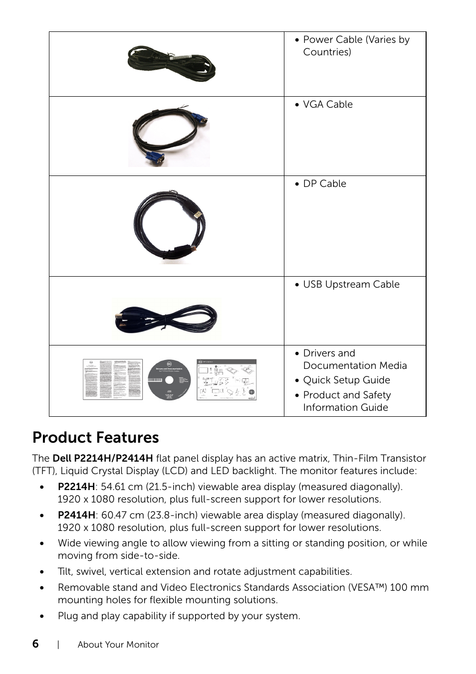 Product features | Dell P2414H Monitor User Manual | Page 6 / 54