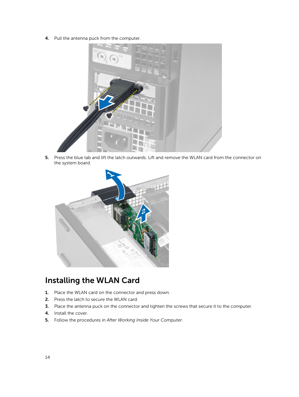 Installing the wlan card | Dell OptiPlex 7020 (Mid 2014) User Manual | Page 14 / 59