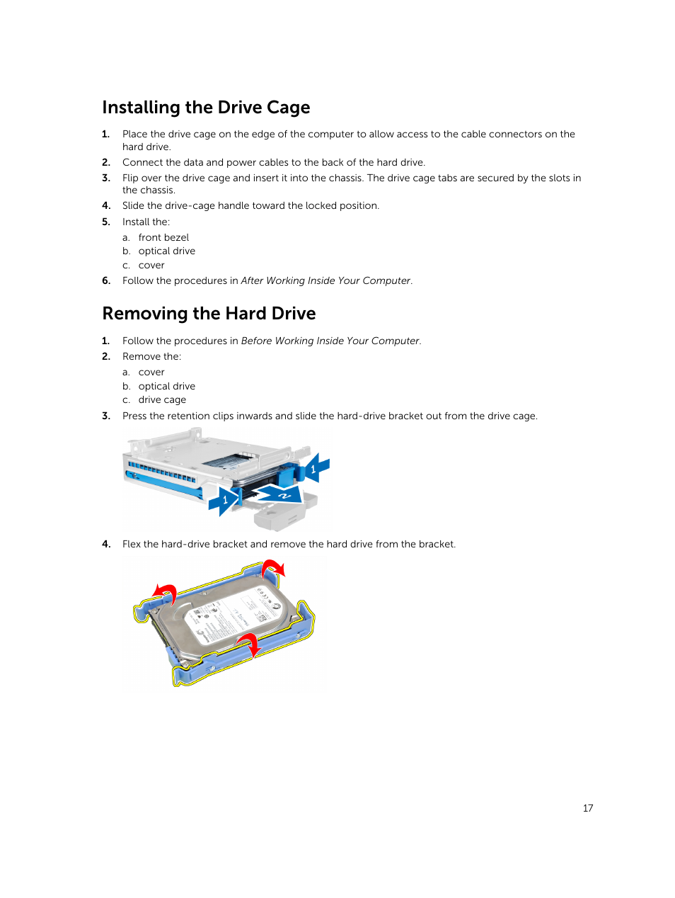 Installing the drive cage, Removing the hard drive | Dell OptiPlex 7020 (Mid 2014) User Manual | Page 17 / 59