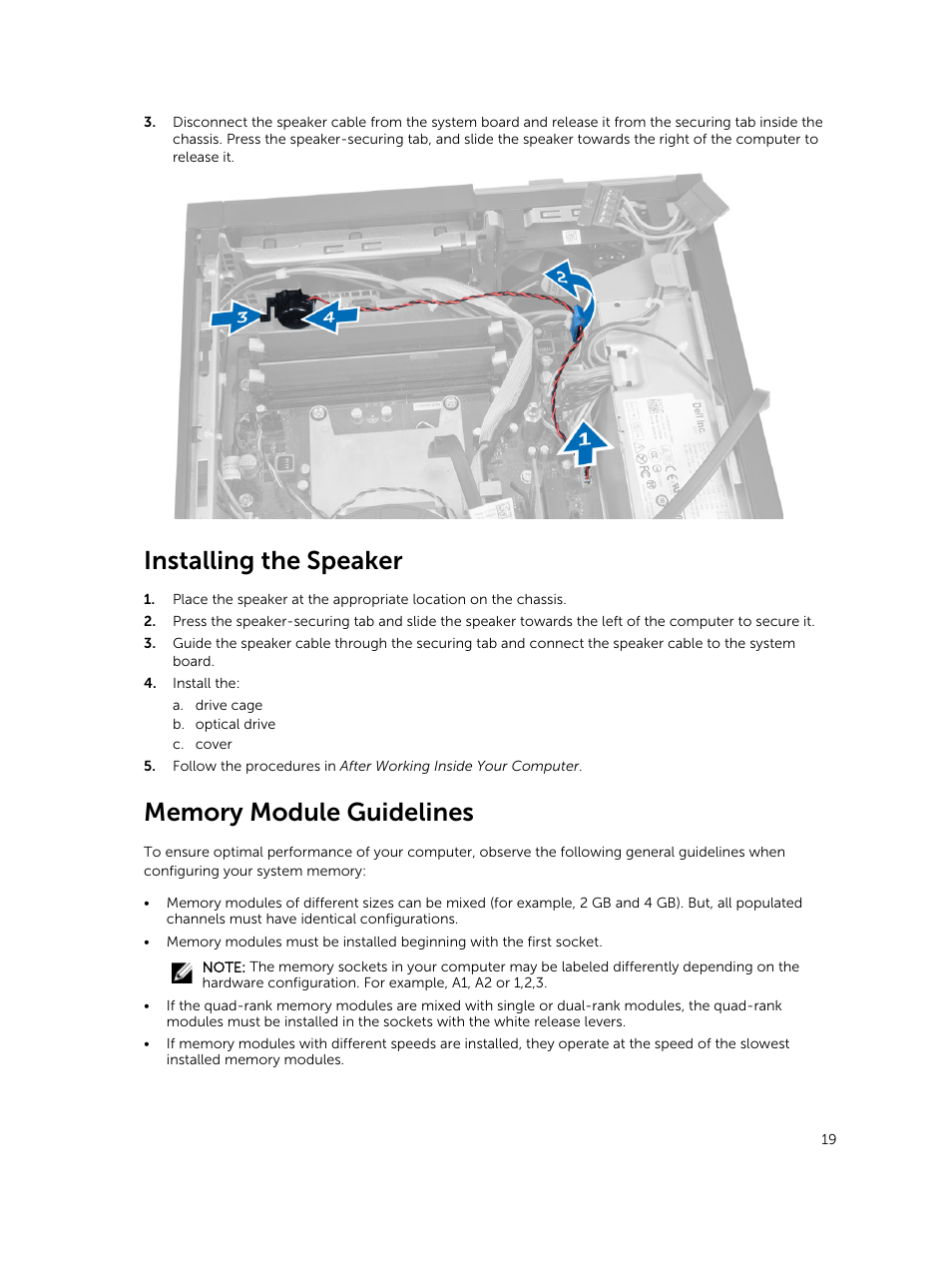 Installing the speaker, Memory module guidelines | Dell OptiPlex 7020 (Mid 2014) User Manual | Page 19 / 59