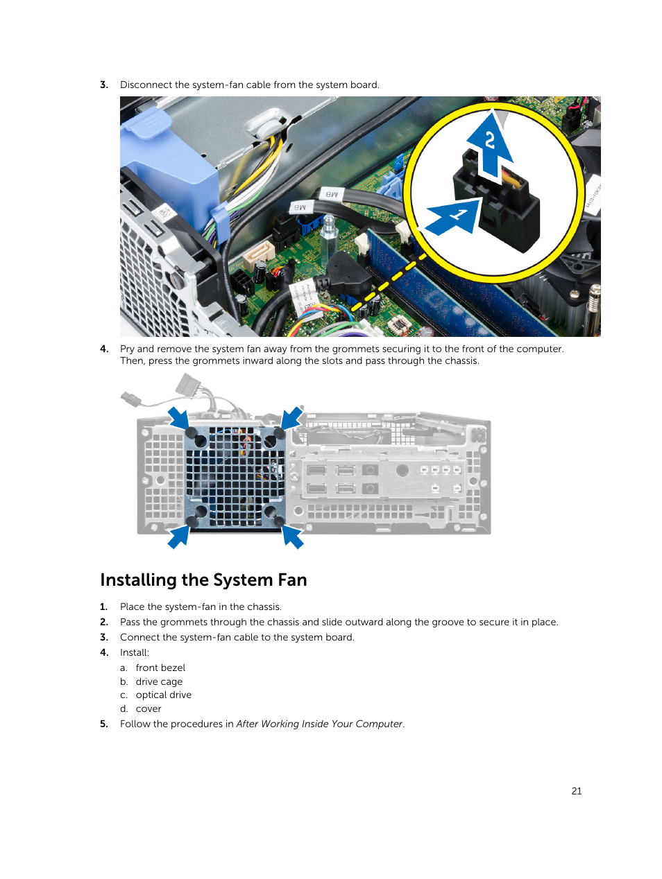 Installing the system fan | Dell OptiPlex 7020 (Mid 2014) User Manual | Page 21 / 59