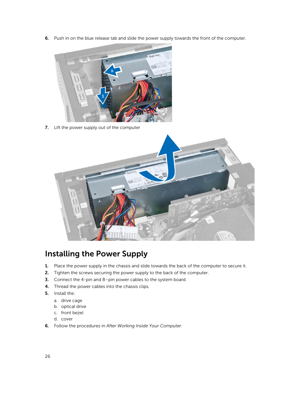 Installing the power supply | Dell OptiPlex 7020 (Mid 2014) User Manual | Page 26 / 59