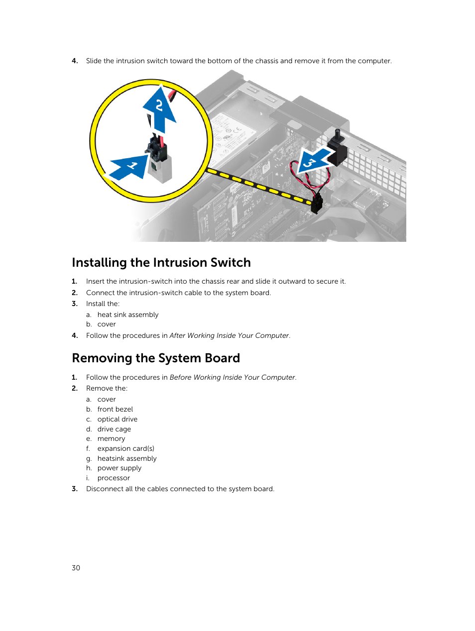Installing the intrusion switch, Removing the system board | Dell OptiPlex 7020 (Mid 2014) User Manual | Page 30 / 59