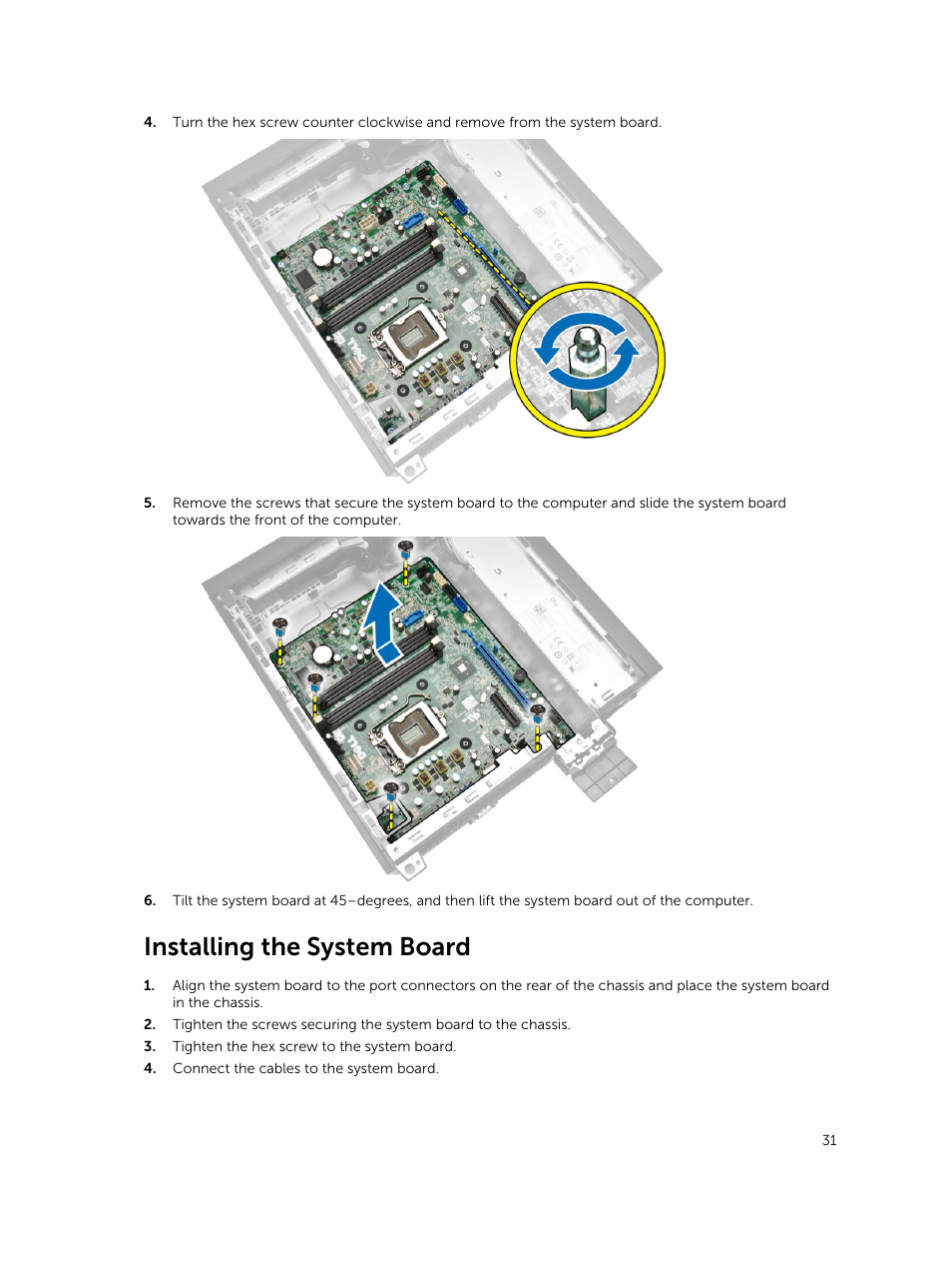 Installing the system board | Dell OptiPlex 7020 (Mid 2014) User Manual | Page 31 / 59