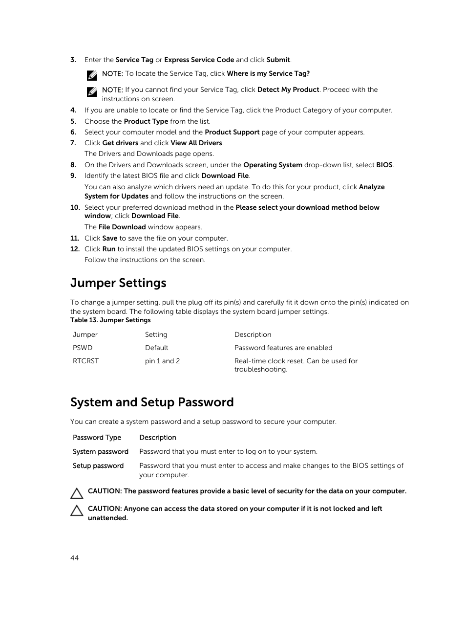 Jumper settings, System and setup password | Dell OptiPlex 7020 (Mid 2014) User Manual | Page 44 / 59