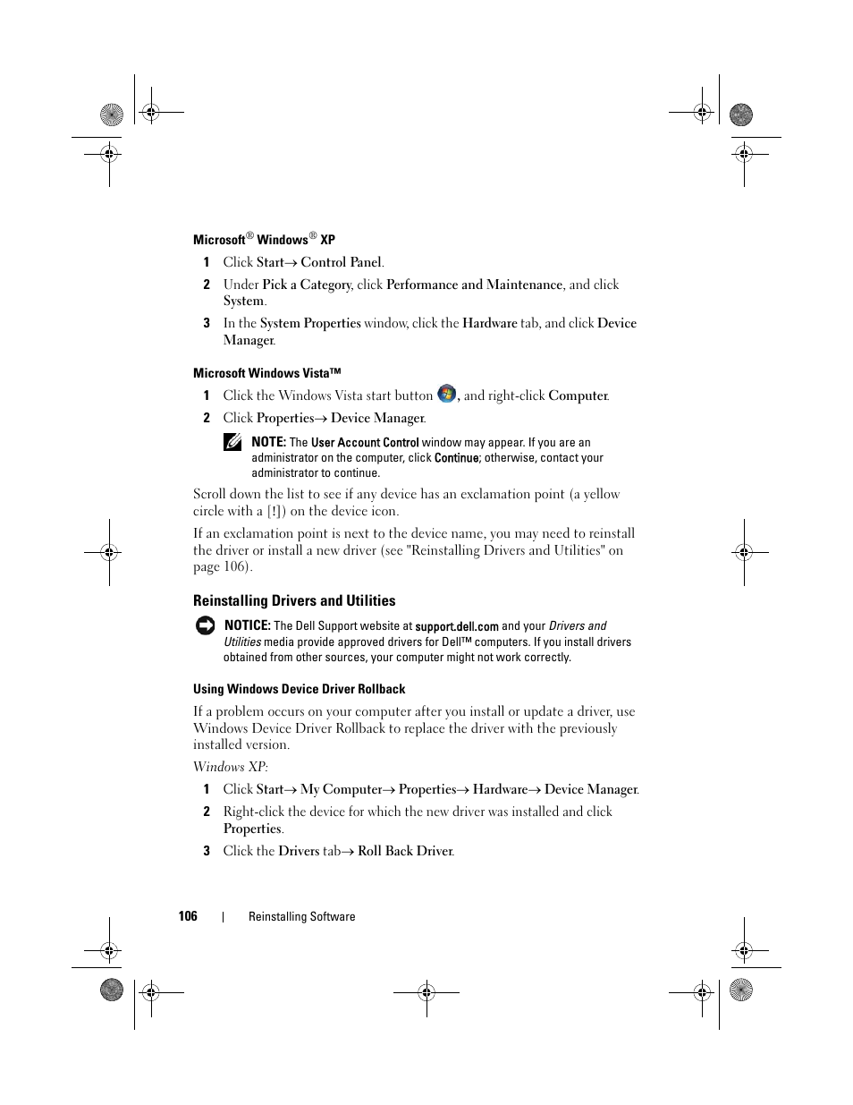 Reinstalling drivers and utilities | Dell Vostro 1200 (Early 2009) User Manual | Page 106 / 164