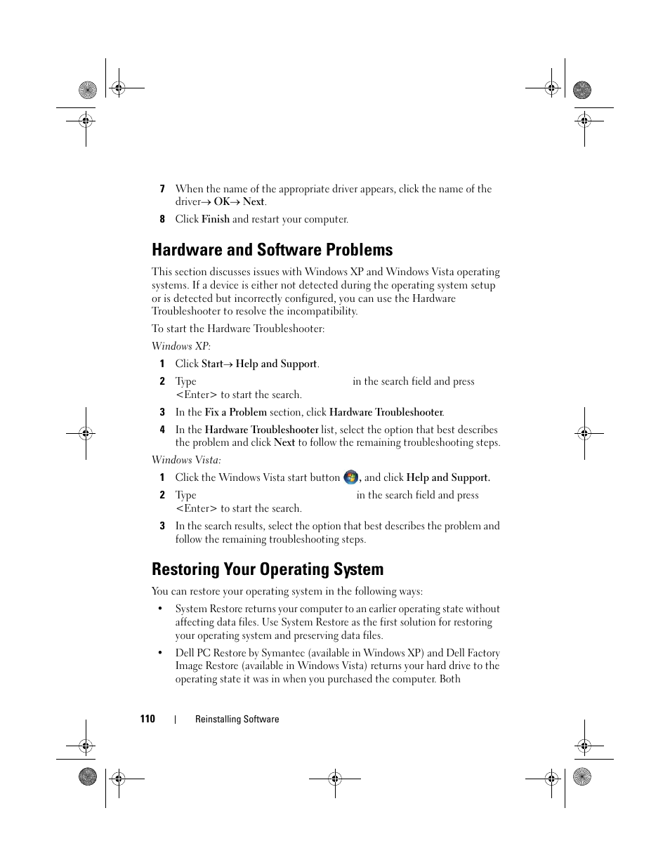 Hardware and software problems, Restoring your operating system, Hardware and software | Dell Vostro 1200 (Early 2009) User Manual | Page 110 / 164