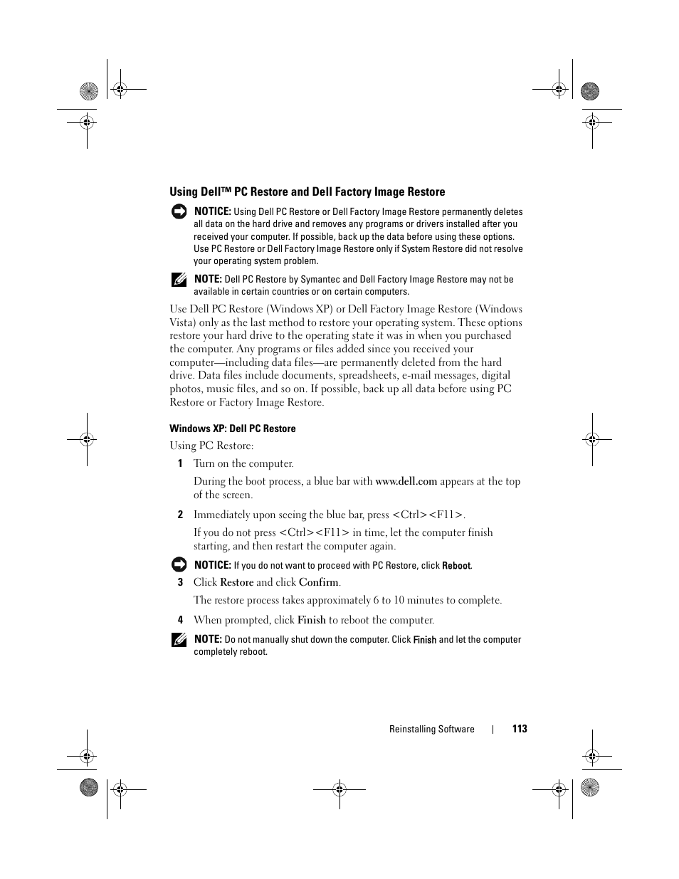 Using dell™ pc restore and dell factory image, Restore | Dell Vostro 1200 (Early 2009) User Manual | Page 113 / 164