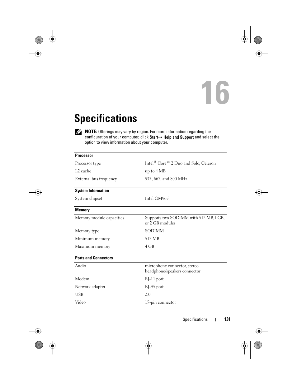 Specifications | Dell Vostro 1200 (Early 2009) User Manual | Page 131 / 164