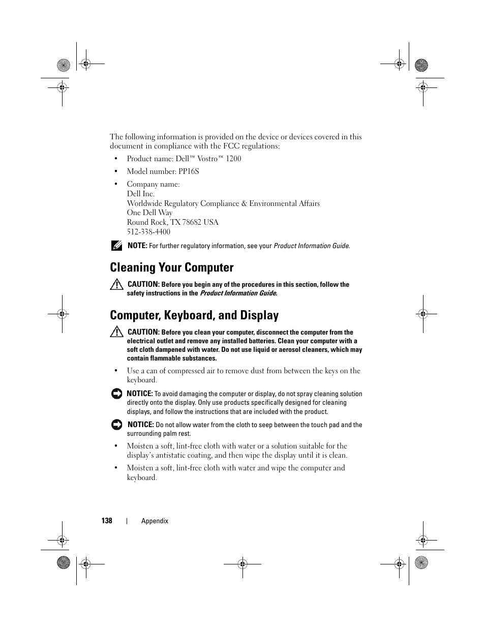 Cleaning your computer, Computer, keyboard, and display | Dell Vostro 1200 (Early 2009) User Manual | Page 138 / 164