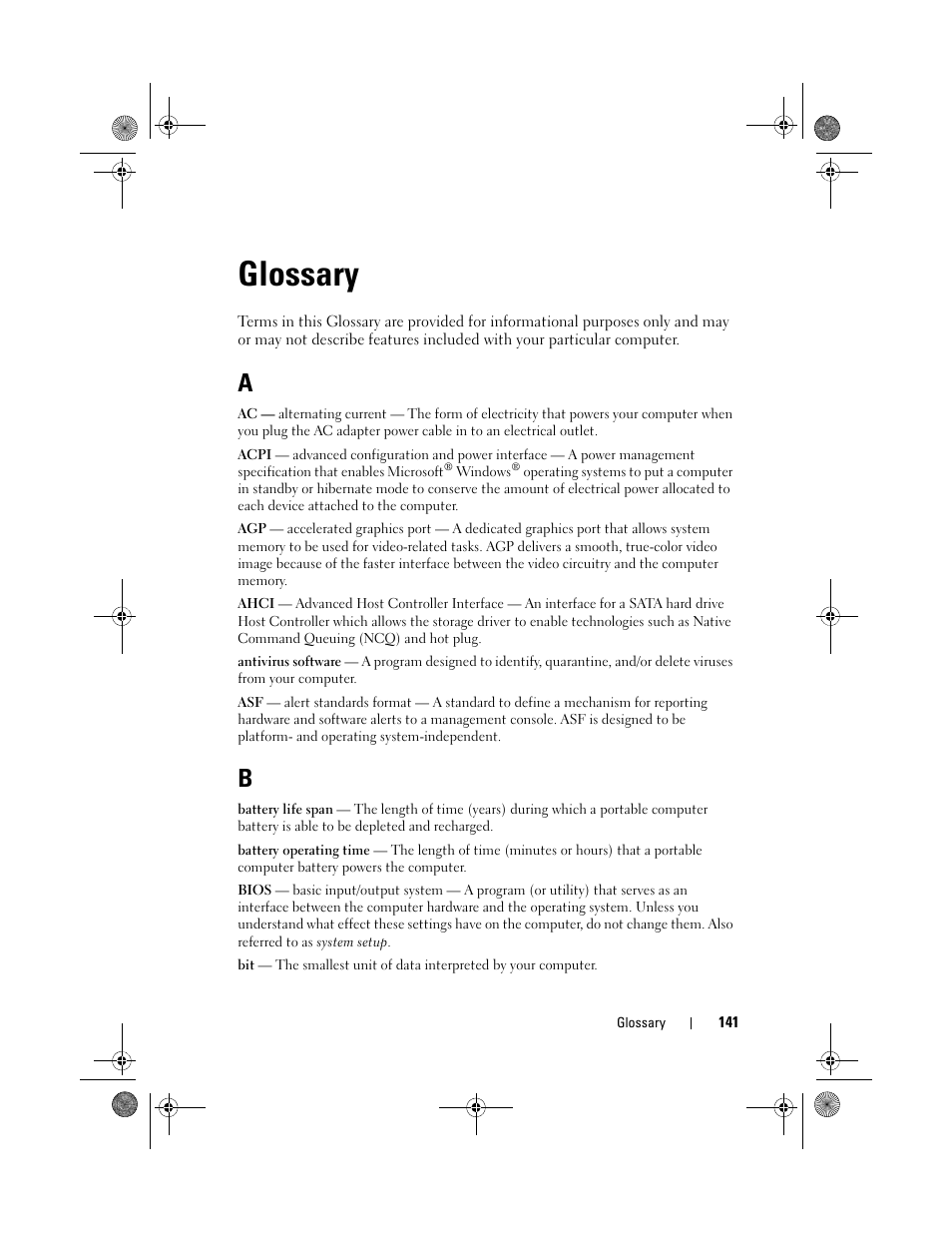 Glossary | Dell Vostro 1200 (Early 2009) User Manual | Page 141 / 164