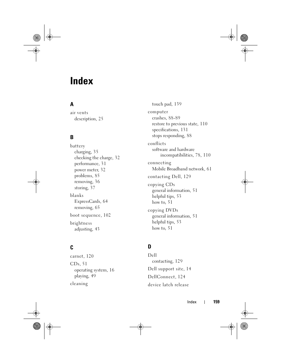 Index | Dell Vostro 1200 (Early 2009) User Manual | Page 159 / 164
