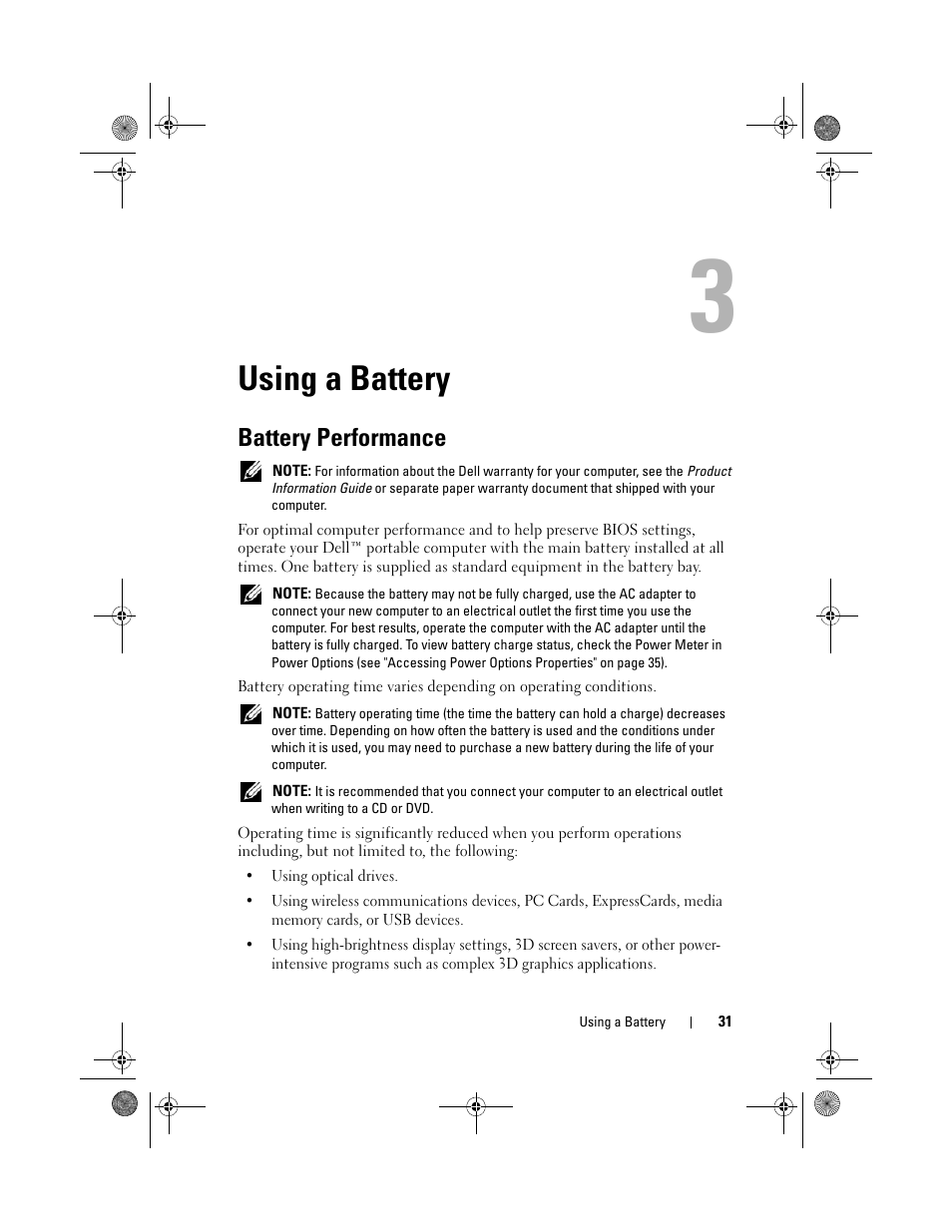 Using a battery, Battery performance | Dell Vostro 1200 (Early 2009) User Manual | Page 31 / 164