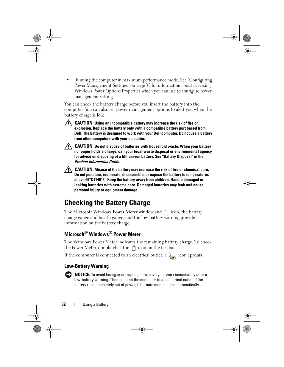 Checking the battery charge, Microsoft® windows® power meter, Low-battery warning | Microsoft | Dell Vostro 1200 (Early 2009) User Manual | Page 32 / 164