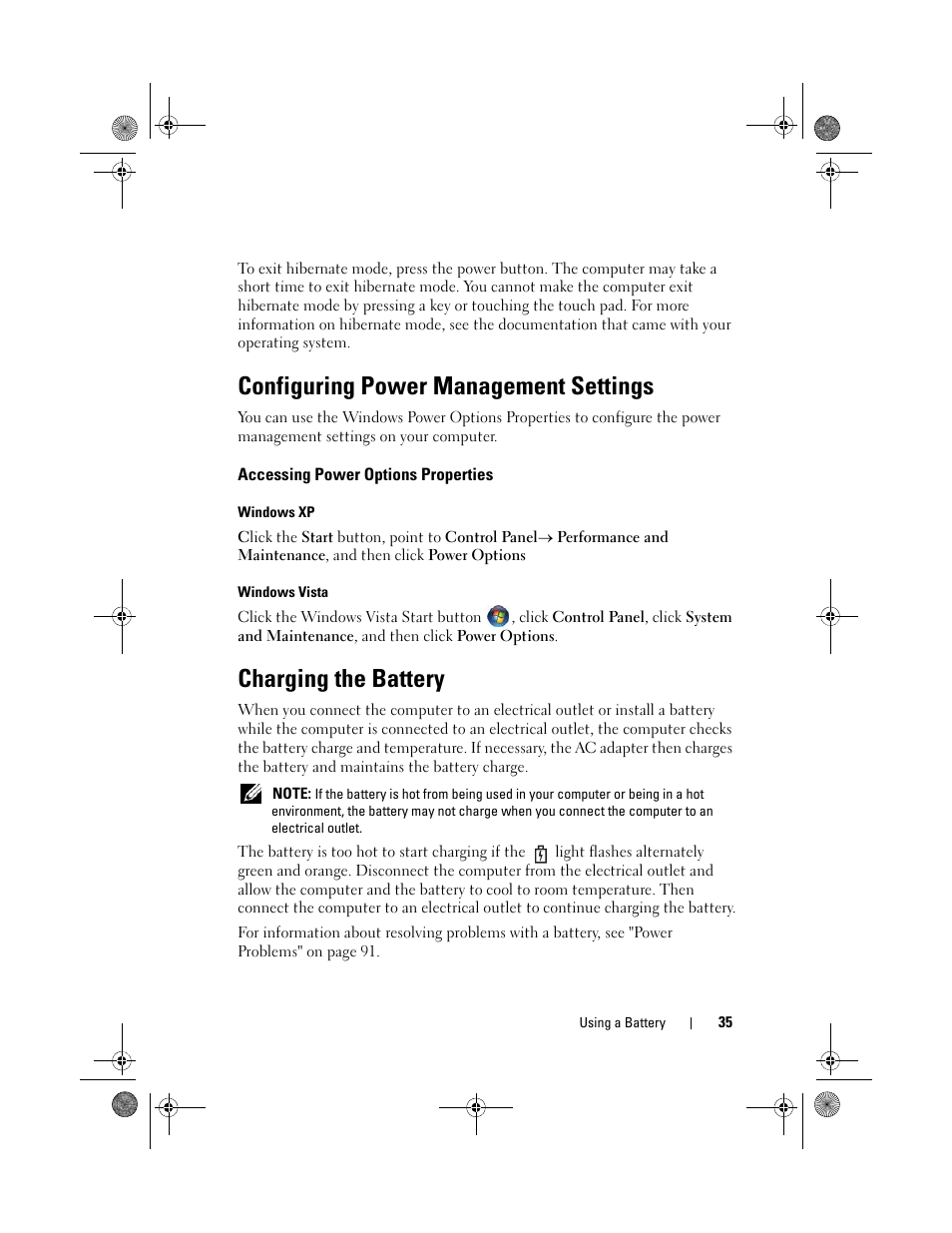 Configuring power management settings, Accessing power options properties, Charging the battery | E "configuring power management settings" on | Dell Vostro 1200 (Early 2009) User Manual | Page 35 / 164