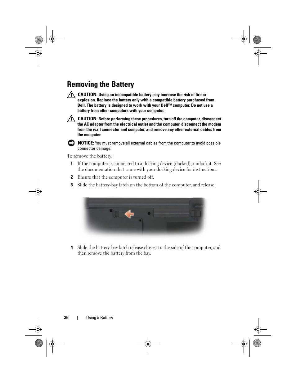 Removing the battery | Dell Vostro 1200 (Early 2009) User Manual | Page 36 / 164