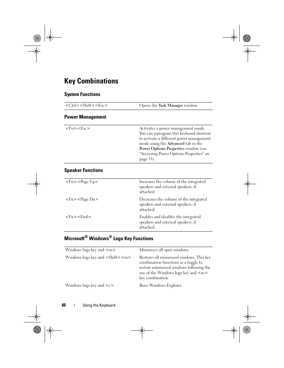 Key combinations, System functions, Power management | Speaker functions, Microsoft® windows® logo key functions, Microsoft, Tcuts, see "key combinations" on, Ee "key combinations | Dell Vostro 1200 (Early 2009) User Manual | Page 40 / 164