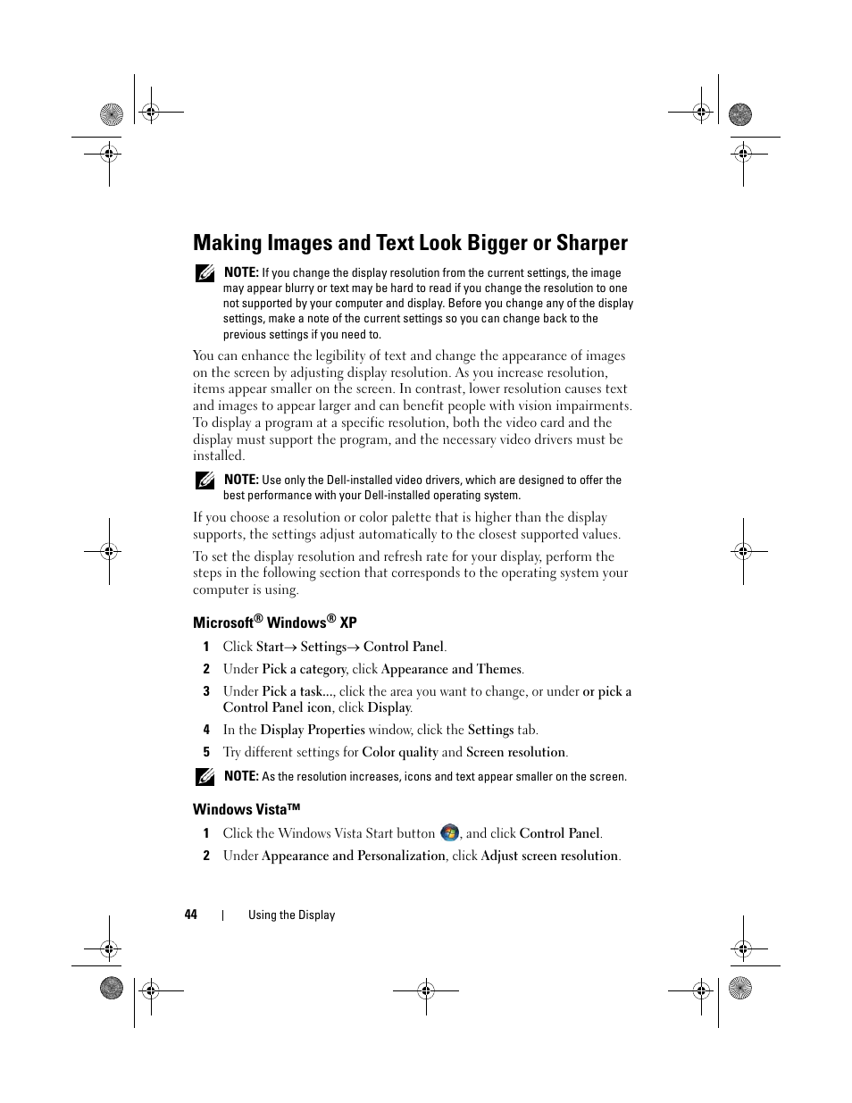 Making images and text look bigger or sharper, Microsoft® windows® xp, Windows vista | Microsoft | Dell Vostro 1200 (Early 2009) User Manual | Page 44 / 164