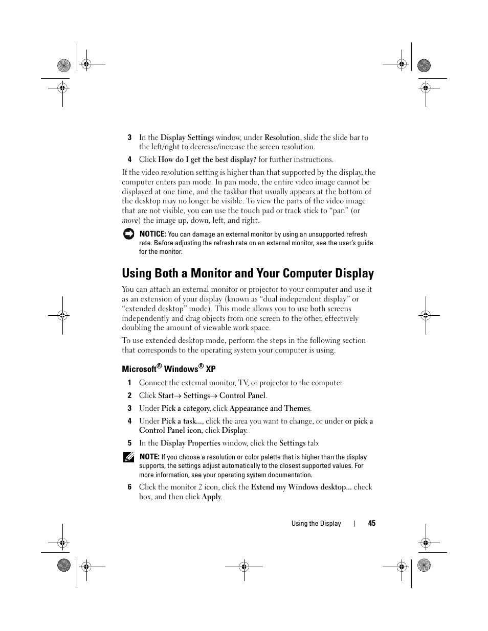 Using both a monitor and your computer display, Microsoft® windows® xp, Microsoft | Dell Vostro 1200 (Early 2009) User Manual | Page 45 / 164