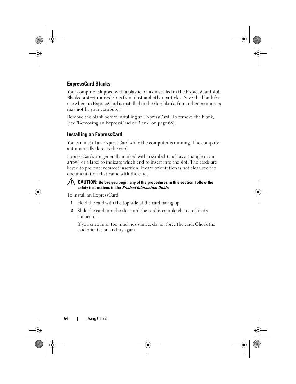 Expresscard blanks, Installing an expresscard | Dell Vostro 1200 (Early 2009) User Manual | Page 64 / 164