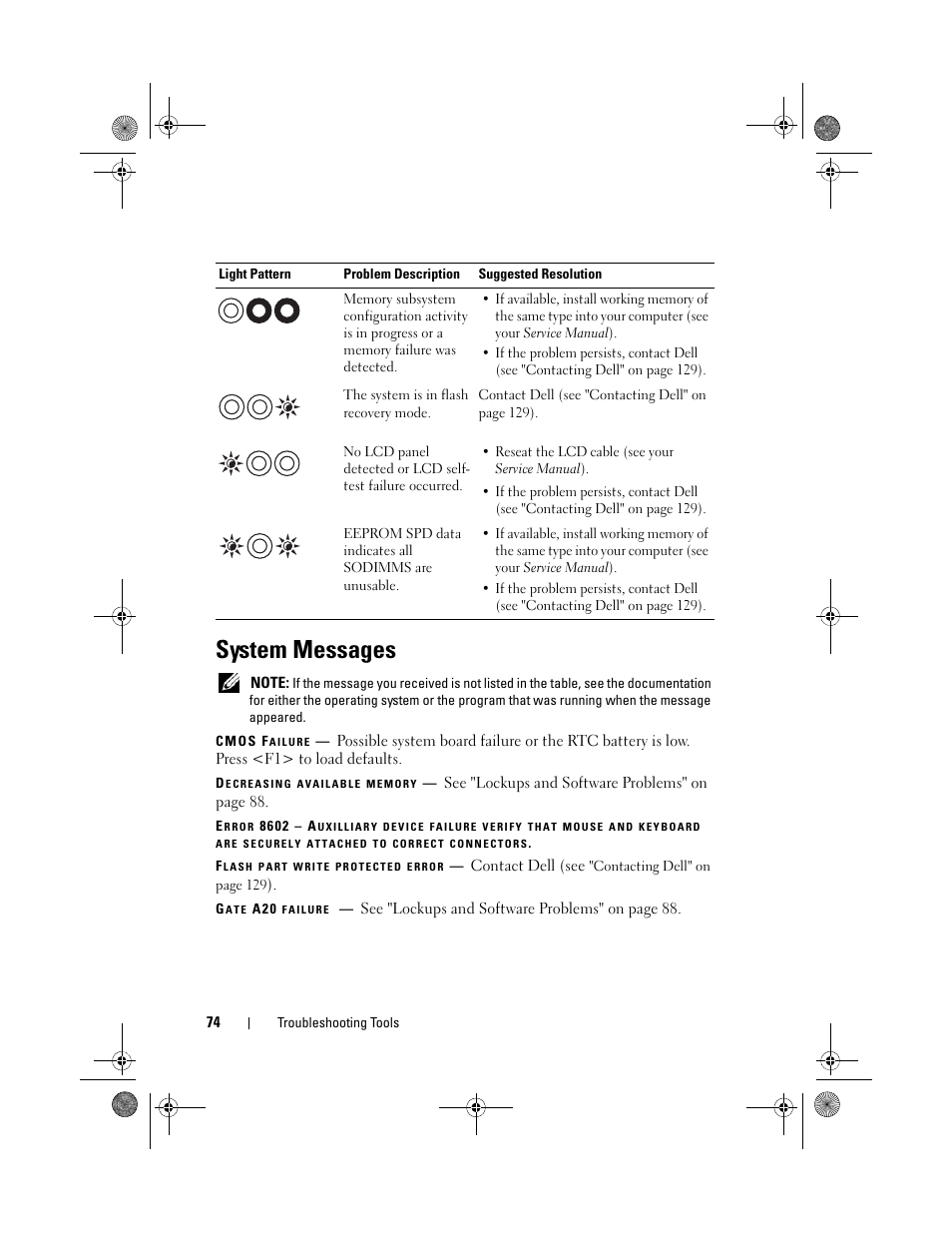 System messages | Dell Vostro 1200 (Early 2009) User Manual | Page 74 / 164