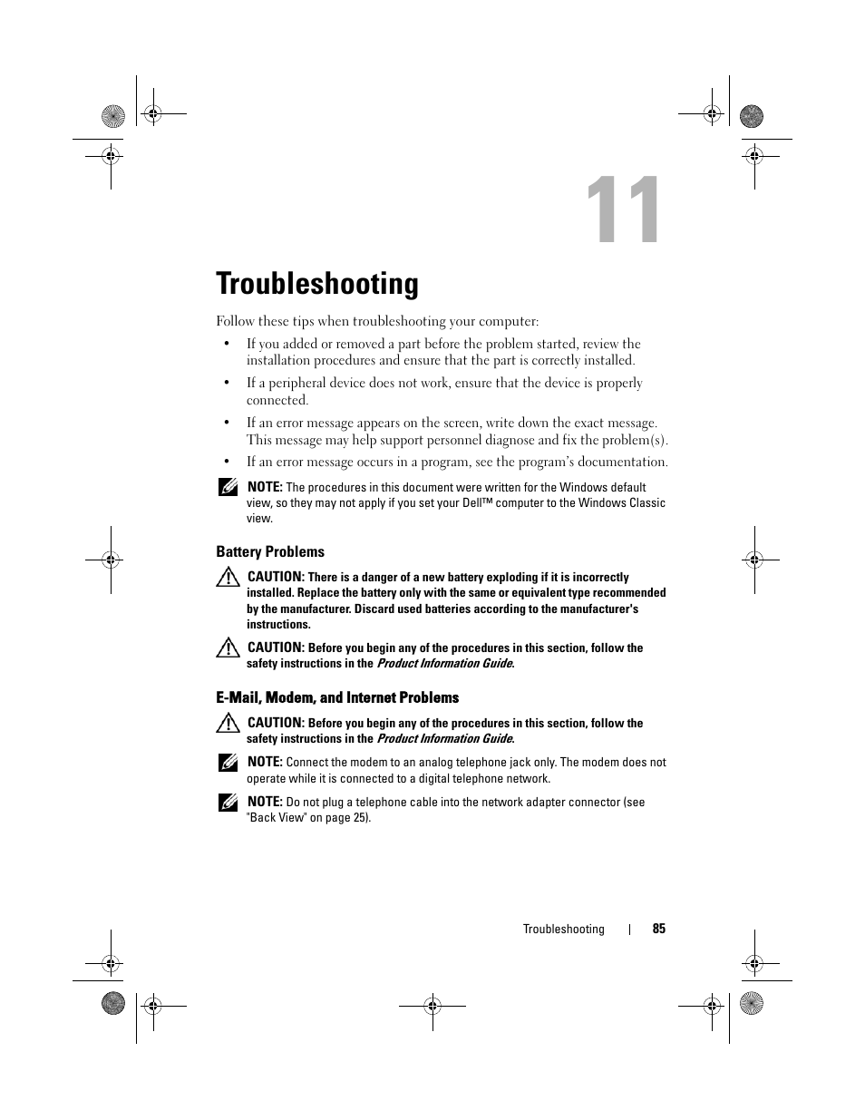 Troubleshooting, Battery problems, E-mail, modem, and internet problems | Dell Vostro 1200 (Early 2009) User Manual | Page 85 / 164