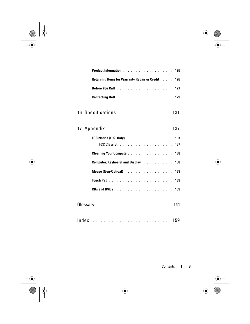 16 specifications, Glossary, 141 index | Dell Vostro 1200 (Early 2009) User Manual | Page 9 / 164