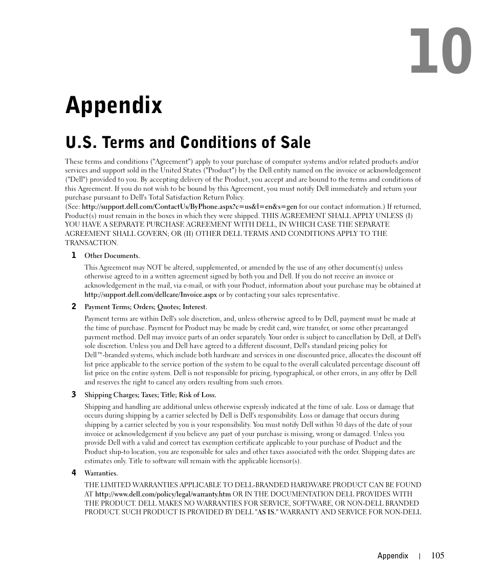 Appendix, U.s. terms and conditions of sale | Dell 944 All In One Inkjet Printer User Manual | Page 105 / 118