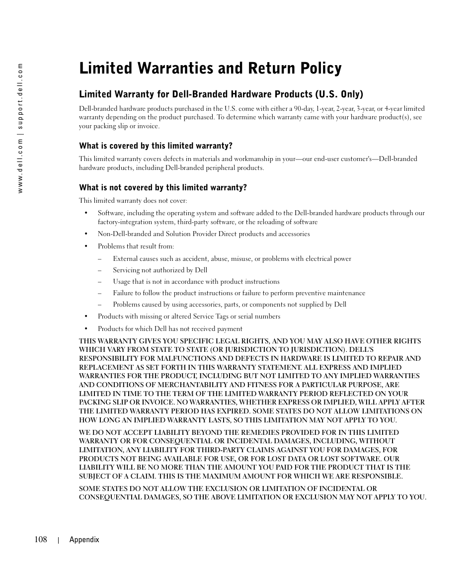 Limited warranties and return policy | Dell 944 All In One Inkjet Printer User Manual | Page 108 / 118