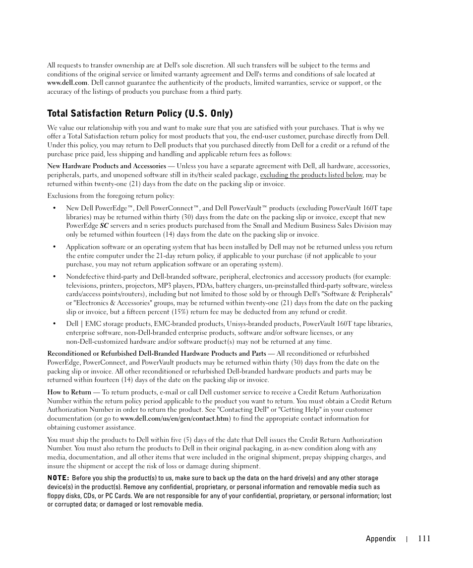 Total satisfaction return policy (u.s. only) | Dell 944 All In One Inkjet Printer User Manual | Page 111 / 118