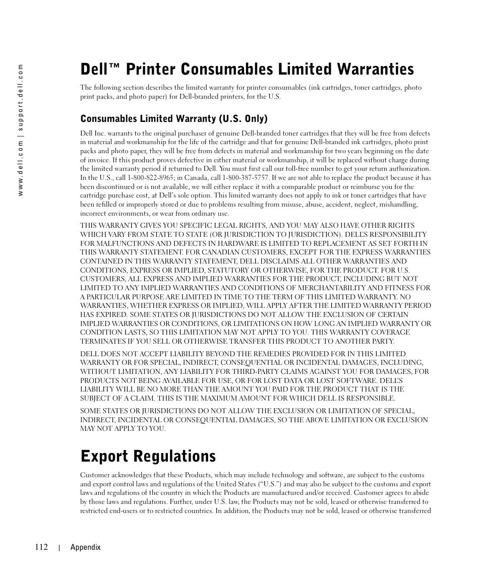 Dell™ printer consumables limited warranties, Export regulations, Consumables limited warranty (u.s. only) | Dell 944 All In One Inkjet Printer User Manual | Page 112 / 118