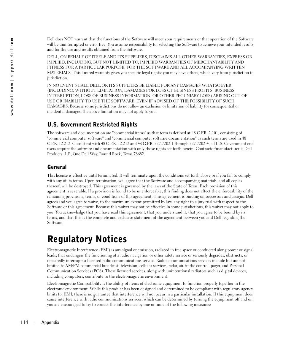 Regulatory notices, U.s. government restricted rights, General | Dell 944 All In One Inkjet Printer User Manual | Page 114 / 118