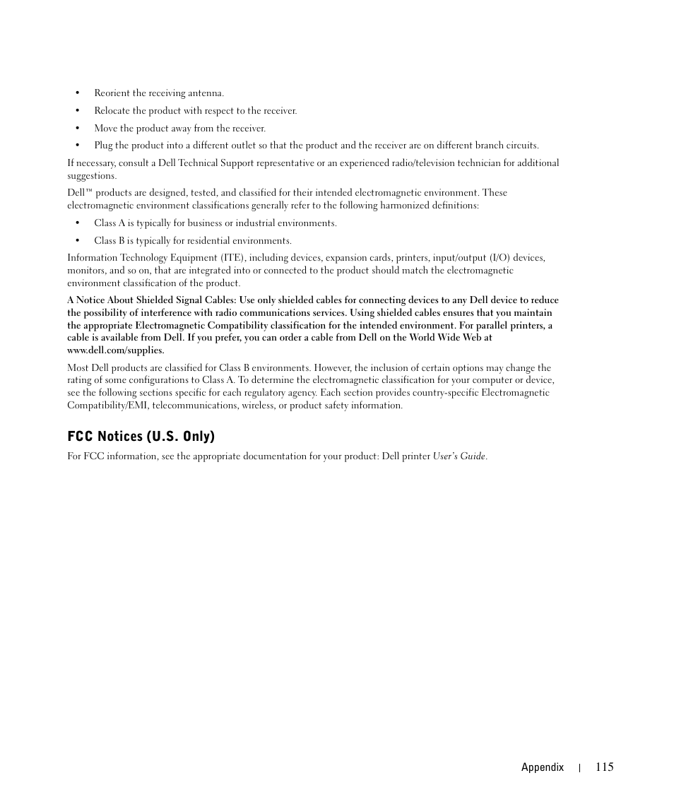 Fcc notices (u.s. only) | Dell 944 All In One Inkjet Printer User Manual | Page 115 / 118