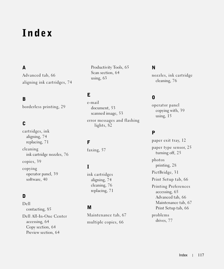 Index | Dell 944 All In One Inkjet Printer User Manual | Page 117 / 118