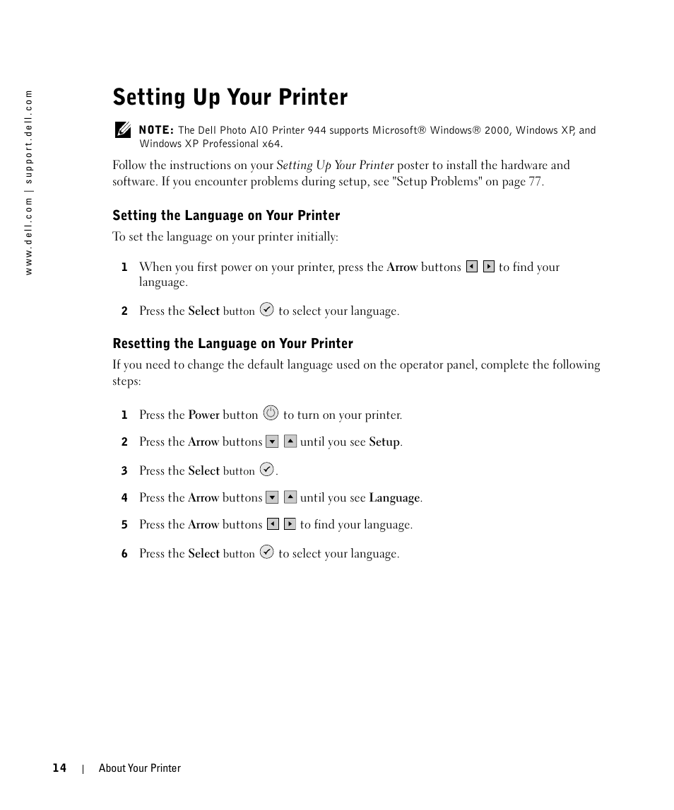 Setting up your printer, Setting the language on your printer, Resetting the language on your printer | Dell 944 All In One Inkjet Printer User Manual | Page 14 / 118