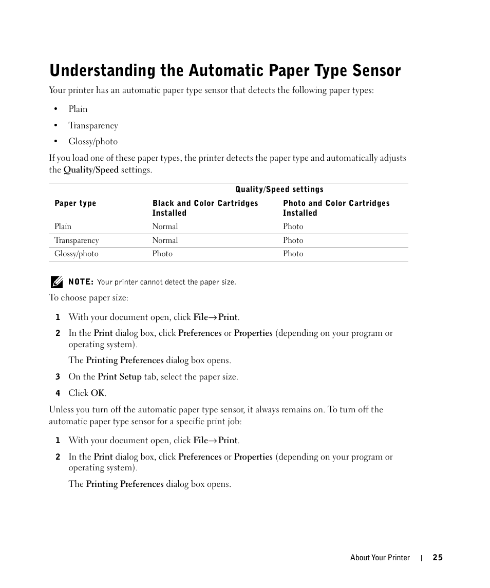 Understanding the automatic paper type sensor | Dell 944 All In One Inkjet Printer User Manual | Page 25 / 118