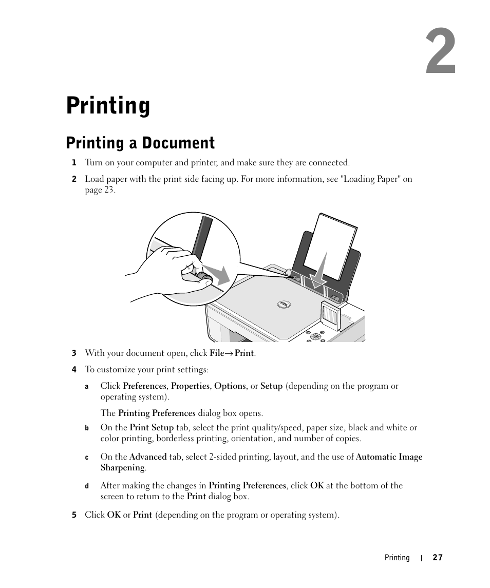 Printing, Printing a document | Dell 944 All In One Inkjet Printer User Manual | Page 27 / 118