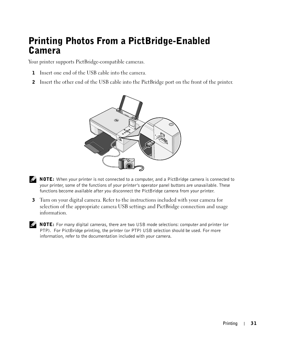 Printing photos from a pictbridge-enabled camera | Dell 944 All In One Inkjet Printer User Manual | Page 31 / 118