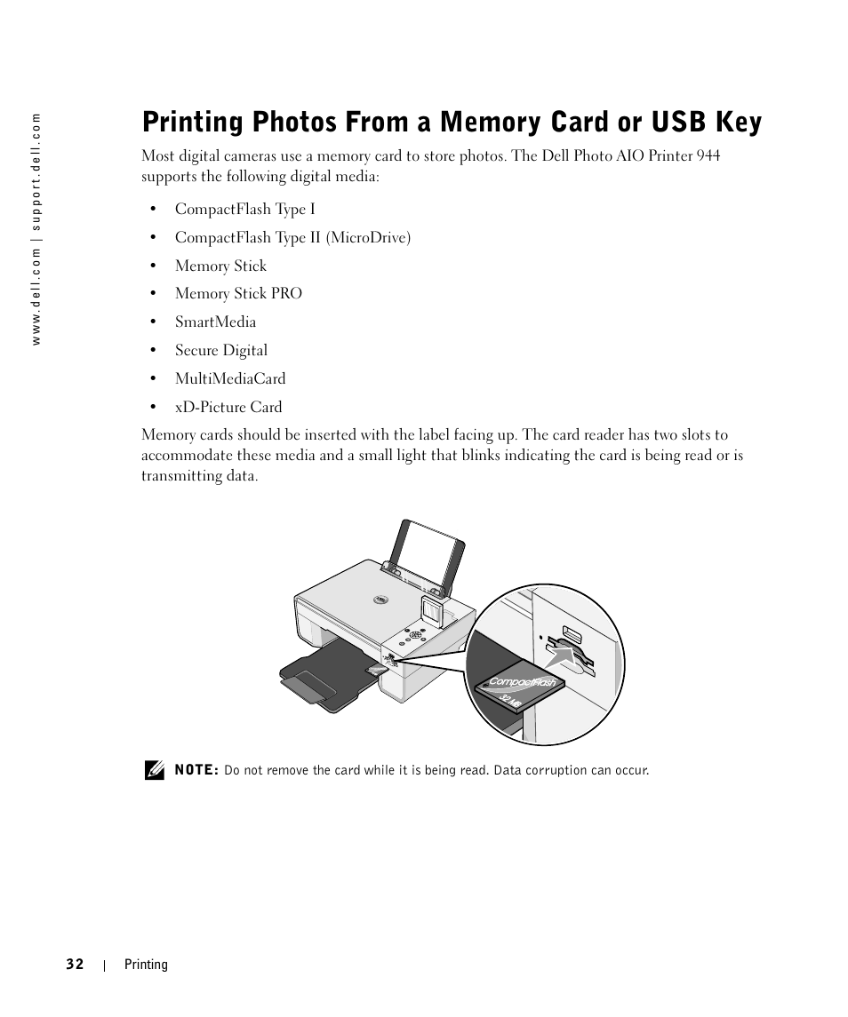 Printing photos from a memory card or usb key | Dell 944 All In One Inkjet Printer User Manual | Page 32 / 118